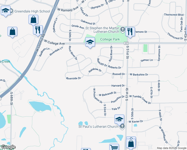 map of restaurants, bars, coffee shops, grocery stores, and more near 5500 Rainbow Drive in Greendale