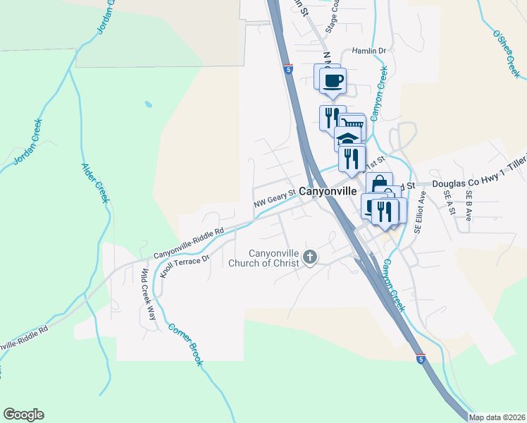 map of restaurants, bars, coffee shops, grocery stores, and more near 630 Northwest 1st Street in Canyonville