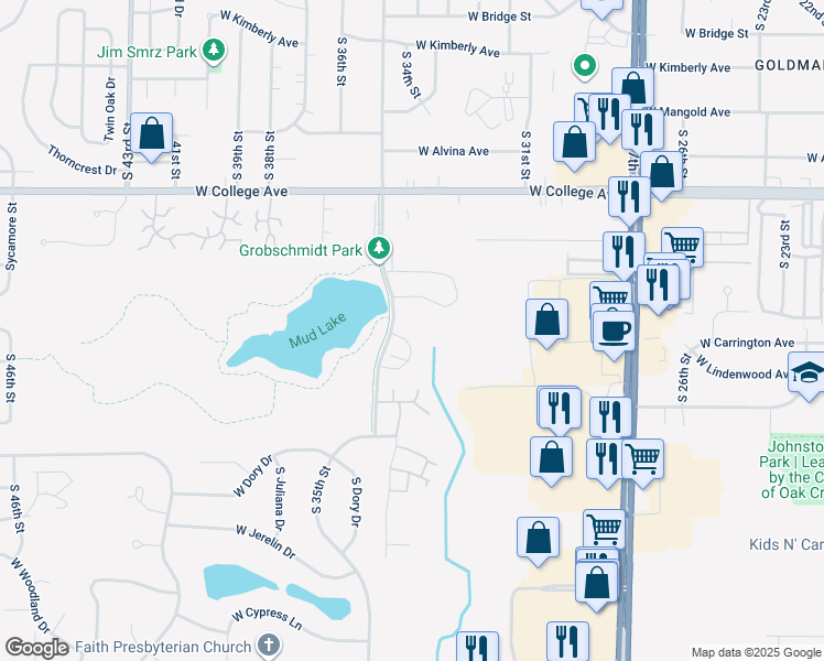 map of restaurants, bars, coffee shops, grocery stores, and more near 6430 South 35th Street in Franklin