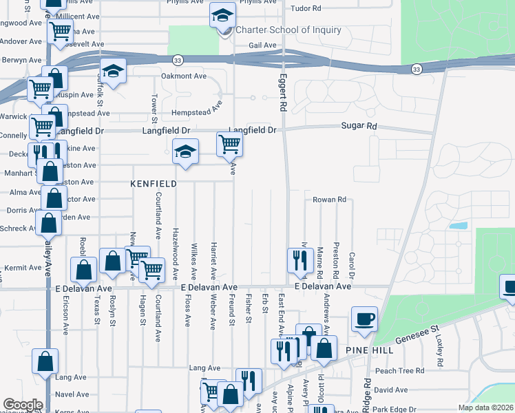 map of restaurants, bars, coffee shops, grocery stores, and more near 152 Roma Avenue in Buffalo