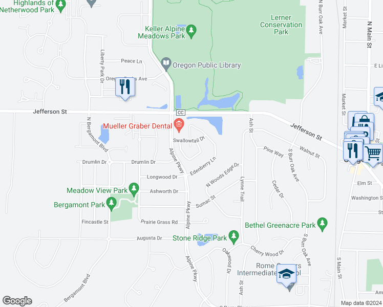 map of restaurants, bars, coffee shops, grocery stores, and more near 135 Alpine Meadow Court in Oregon