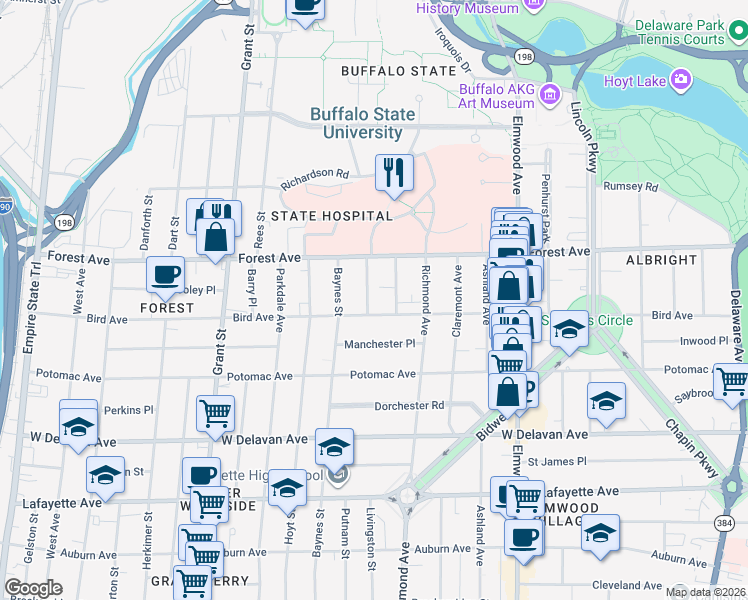 map of restaurants, bars, coffee shops, grocery stores, and more near 15 Abbottsford Place in Buffalo