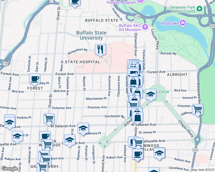 map of restaurants, bars, coffee shops, grocery stores, and more near 844 Richmond Avenue in Buffalo