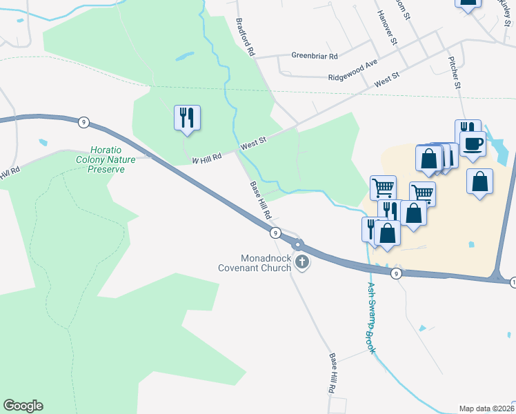 map of restaurants, bars, coffee shops, grocery stores, and more near 37 Base Hill Road in Keene