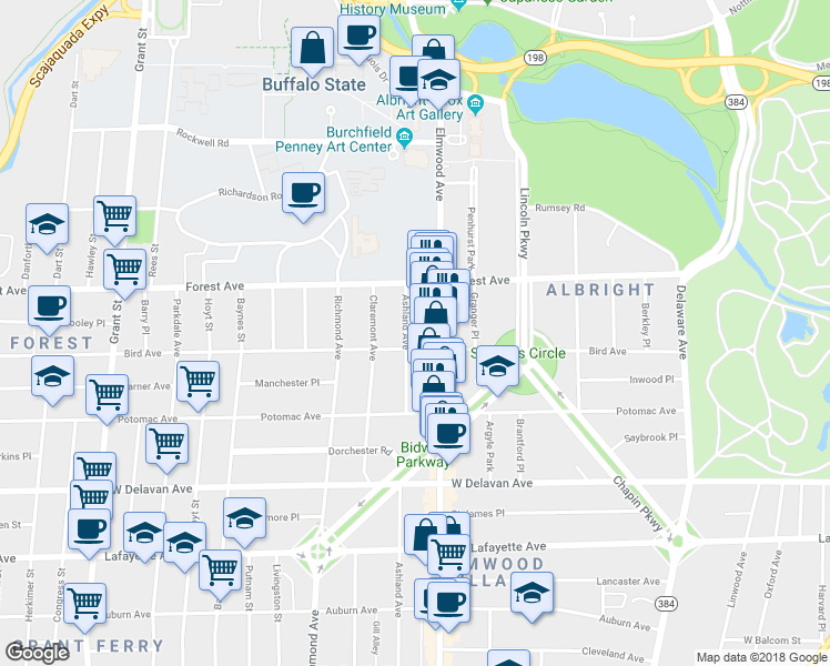 map of restaurants, bars, coffee shops, grocery stores, and more near 787 Ashland Avenue in Buffalo