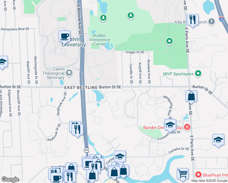 map of restaurants, bars, coffee shops, grocery stores, and more near 3424 Burton Ridge Road Southeast in Grand Rapids