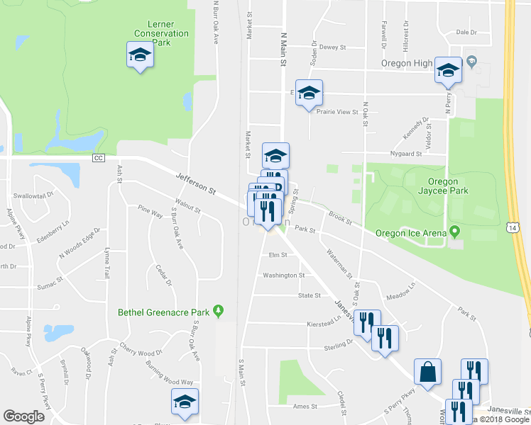 map of restaurants, bars, coffee shops, grocery stores, and more near 109 Jefferson Street in Oregon