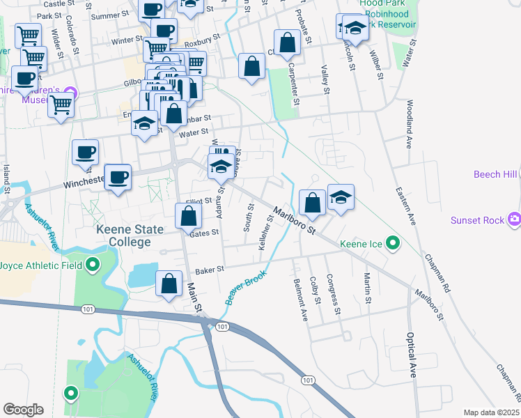 map of restaurants, bars, coffee shops, grocery stores, and more near 143 Marlboro Street in Keene