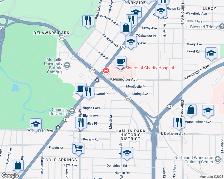 map of restaurants, bars, coffee shops, grocery stores, and more near 248 Humboldt Parkway in Buffalo