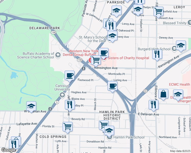 map of restaurants, bars, coffee shops, grocery stores, and more near 248 Humboldt Parkway in Buffalo