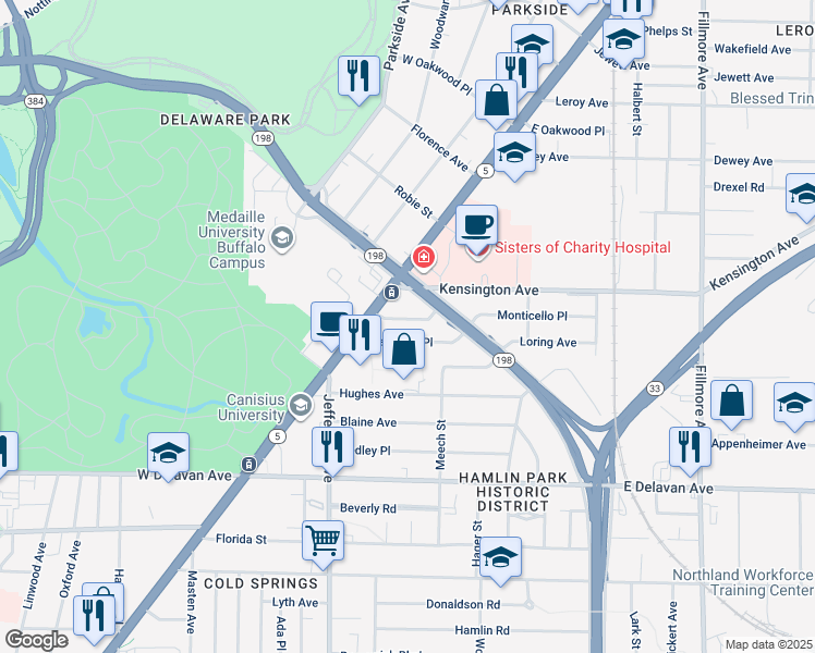 map of restaurants, bars, coffee shops, grocery stores, and more near 46 Glendale Place in Buffalo