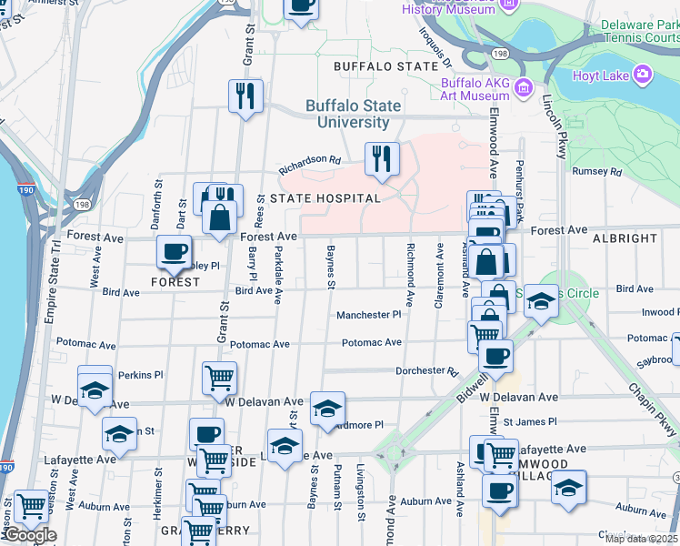 map of restaurants, bars, coffee shops, grocery stores, and more near 426 Baynes Street in Buffalo