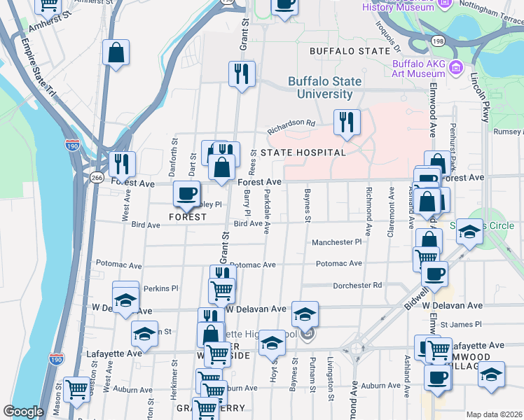 map of restaurants, bars, coffee shops, grocery stores, and more near 37 Barry Place in Buffalo