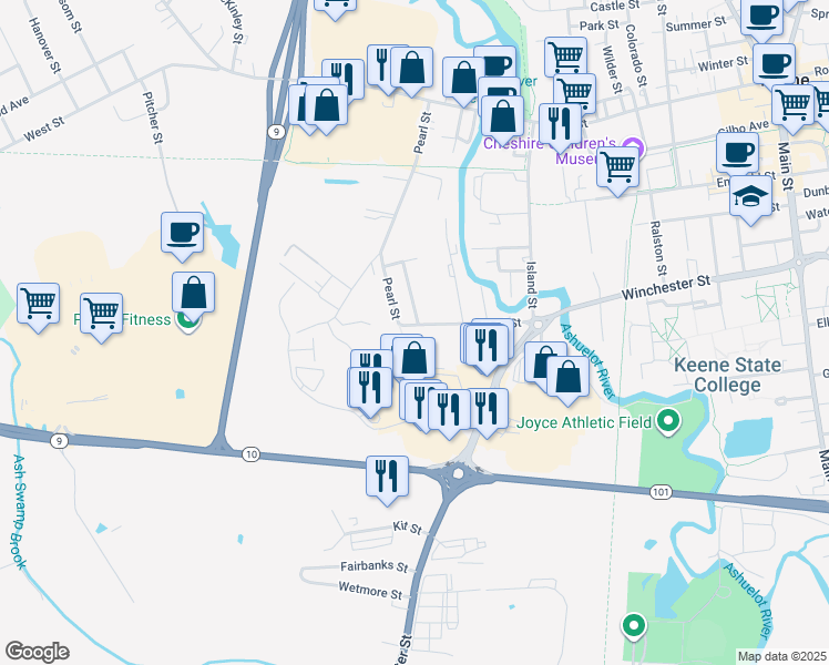 map of restaurants, bars, coffee shops, grocery stores, and more near 50 Crescent Street in Keene