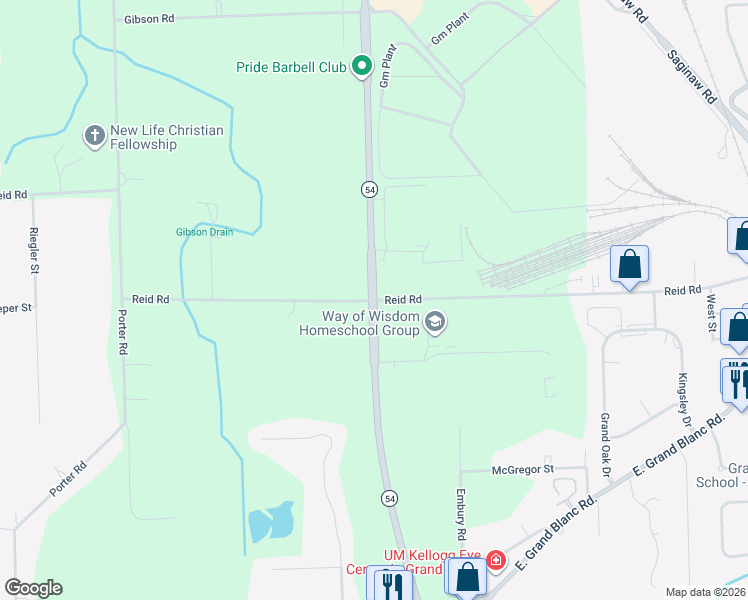map of restaurants, bars, coffee shops, grocery stores, and more near 2871 Reid Road in Grand Blanc