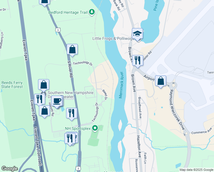 map of restaurants, bars, coffee shops, grocery stores, and more near 34 Bourne Drive in Bedford