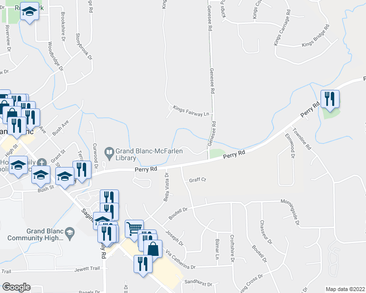 map of restaurants, bars, coffee shops, grocery stores, and more near 695 Applegate Lane in Grand Blanc