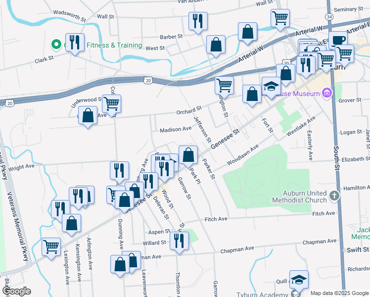 map of restaurants, bars, coffee shops, grocery stores, and more near 217 Genesee Street in Auburn