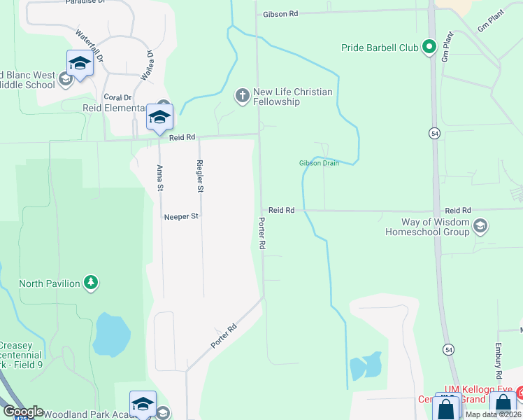 map of restaurants, bars, coffee shops, grocery stores, and more near Reid Road in Flint
