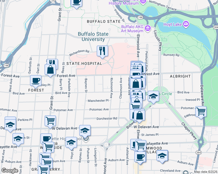map of restaurants, bars, coffee shops, grocery stores, and more near 56 Tremont Avenue in Buffalo