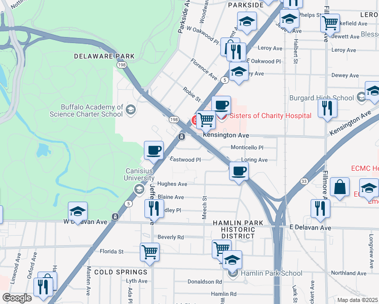 map of restaurants, bars, coffee shops, grocery stores, and more near 39 Glendale Place in Buffalo