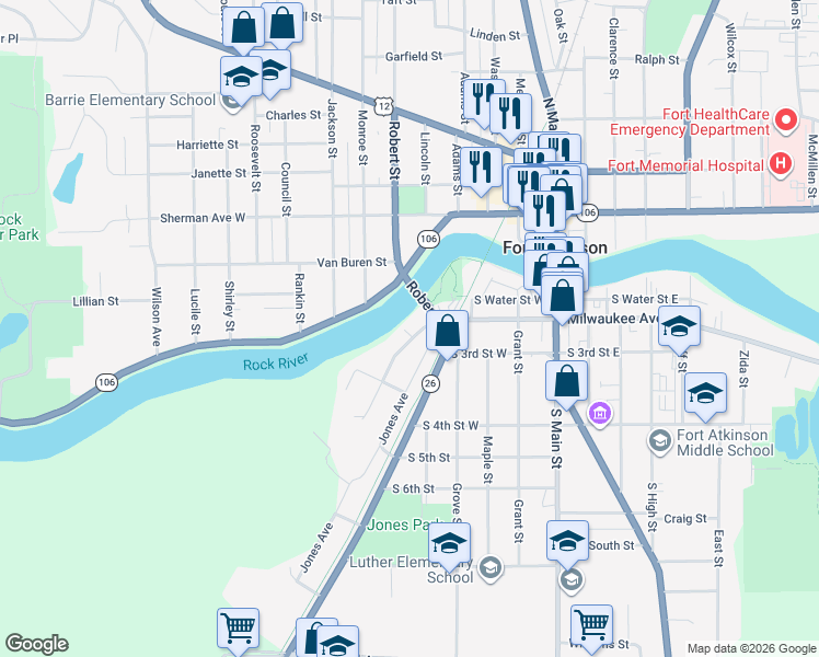 map of restaurants, bars, coffee shops, grocery stores, and more near 306 Milwaukee Avenue West in Fort Atkinson