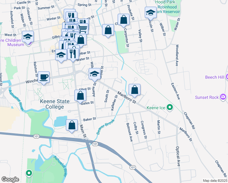 map of restaurants, bars, coffee shops, grocery stores, and more near 178 Marlboro Street in Keene