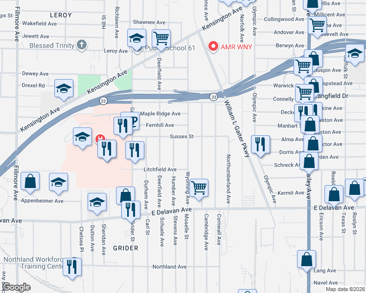 map of restaurants, bars, coffee shops, grocery stores, and more near 109 Sussex Street in Buffalo