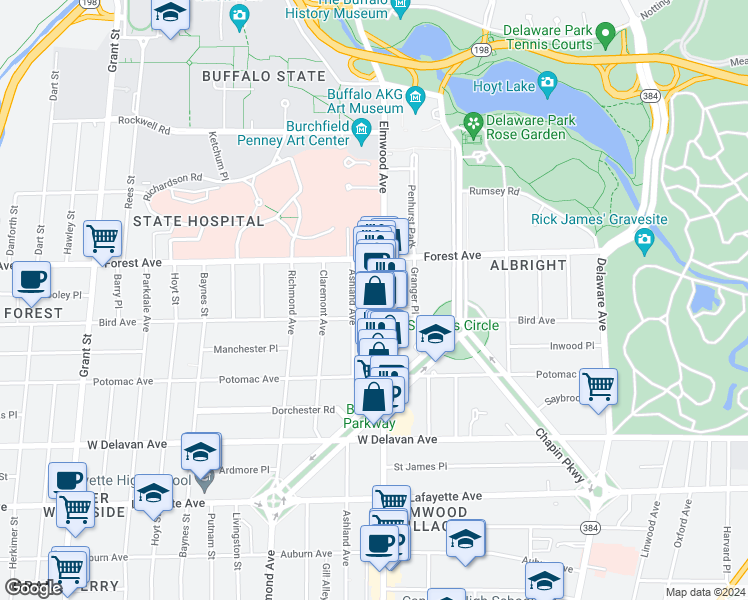 map of restaurants, bars, coffee shops, grocery stores, and more near 1092 Elmwood Avenue in Buffalo