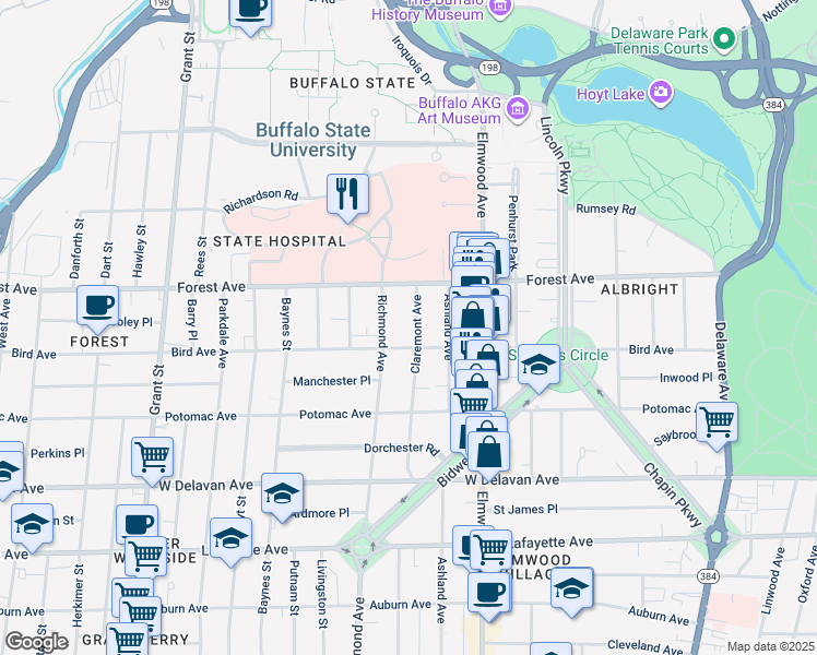 map of restaurants, bars, coffee shops, grocery stores, and more near 865 Richmond Avenue in Buffalo