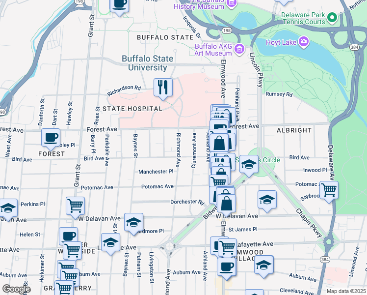 map of restaurants, bars, coffee shops, grocery stores, and more near 865 Richmond Avenue in Buffalo