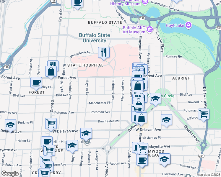 map of restaurants, bars, coffee shops, grocery stores, and more near 56 Tremont Avenue in Buffalo