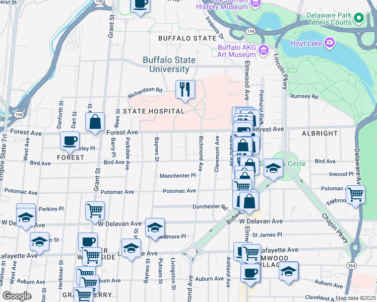 map of restaurants, bars, coffee shops, grocery stores, and more near 56 Tremont Avenue in Buffalo