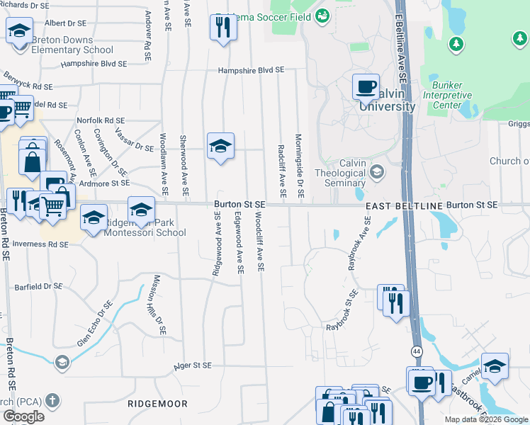 map of restaurants, bars, coffee shops, grocery stores, and more near 3040 Burton Street Southeast in Grand Rapids