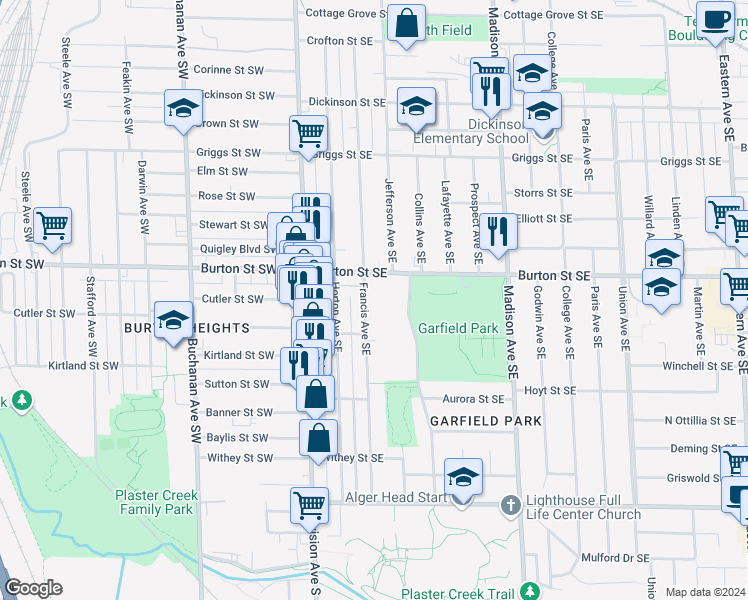 map of restaurants, bars, coffee shops, grocery stores, and more near 148 Burton Street Southwest in Grand Rapids