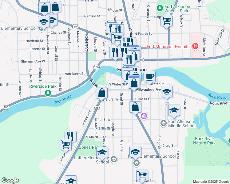 map of restaurants, bars, coffee shops, grocery stores, and more near 101 South Water Street West in Fort Atkinson