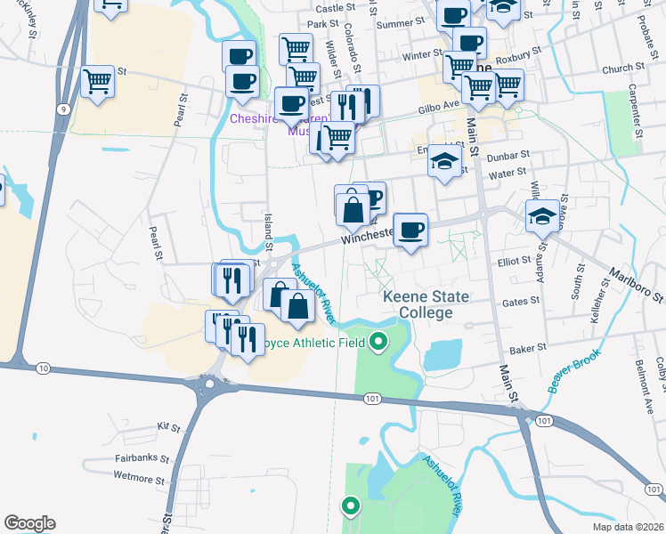 map of restaurants, bars, coffee shops, grocery stores, and more near 16 Winchester Court in Keene