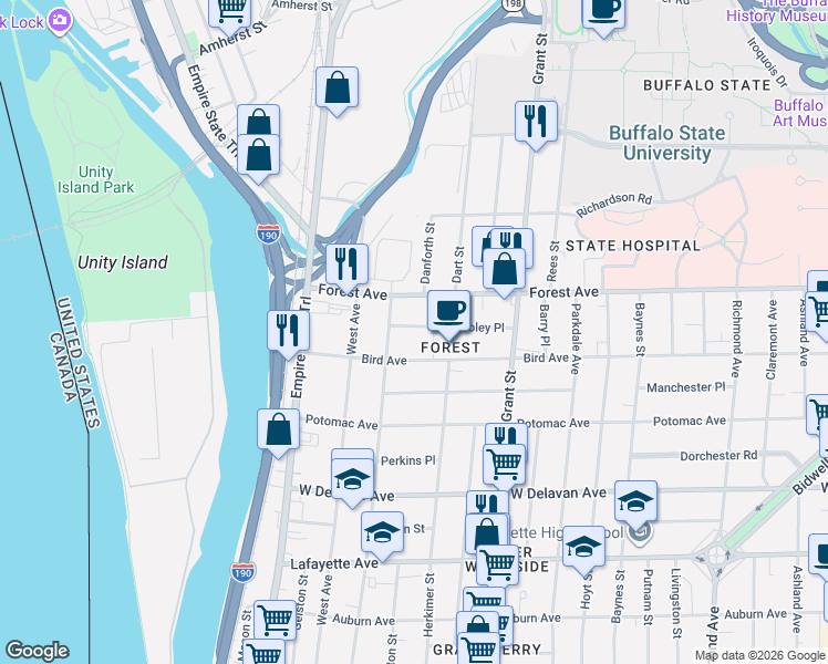 map of restaurants, bars, coffee shops, grocery stores, and more near 23 Pooley Place in Buffalo