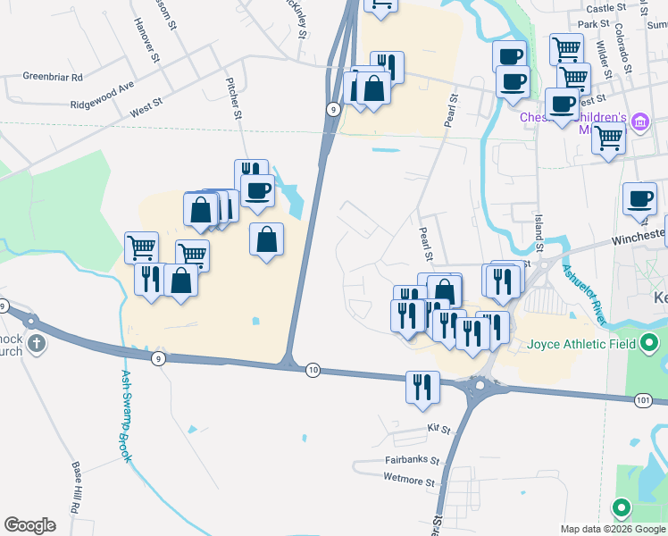 map of restaurants, bars, coffee shops, grocery stores, and more near 127 Meadow Road in Keene