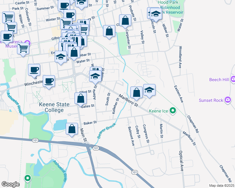 map of restaurants, bars, coffee shops, grocery stores, and more near 178 Marlboro Street in Keene