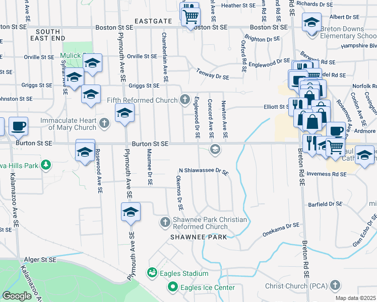map of restaurants, bars, coffee shops, grocery stores, and more near 2000 Elliott Street Southeast in Grand Rapids