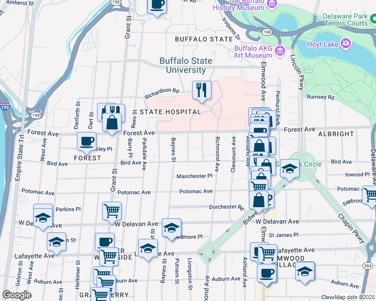 map of restaurants, bars, coffee shops, grocery stores, and more near 31 Abbottsford Place in Buffalo