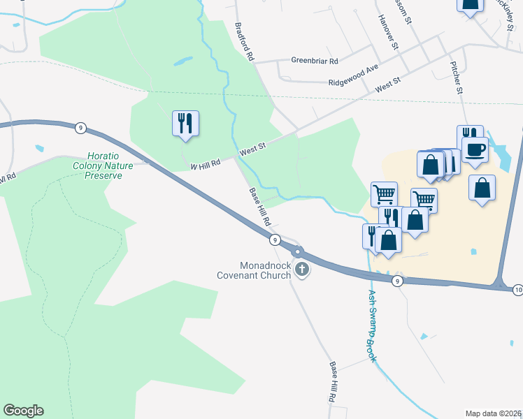 map of restaurants, bars, coffee shops, grocery stores, and more near 37 Base Hill Road in Keene