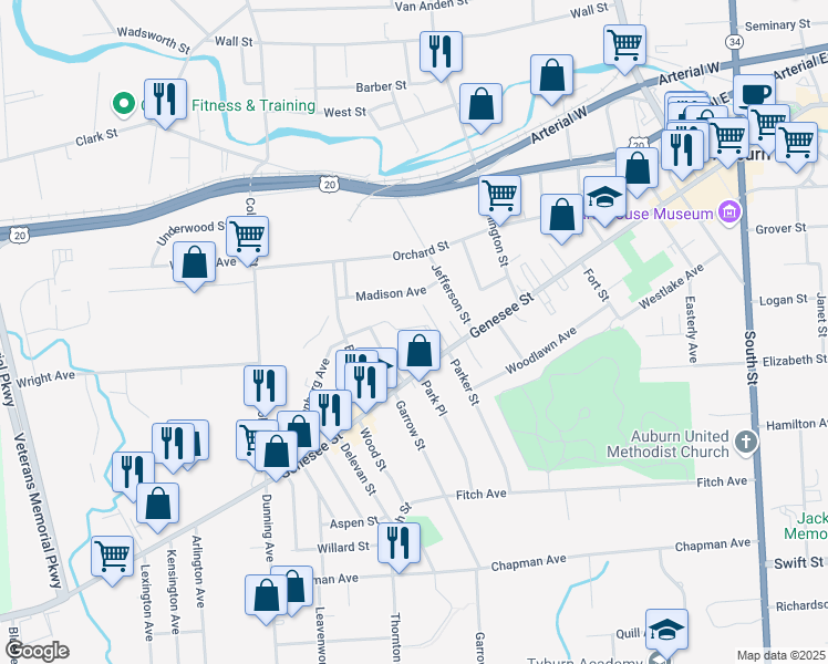 map of restaurants, bars, coffee shops, grocery stores, and more near 217 Genesee Street in Auburn