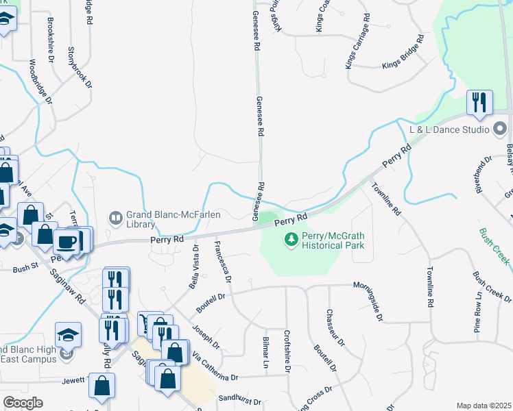 map of restaurants, bars, coffee shops, grocery stores, and more near 695 Applegate Lane in Grand Blanc