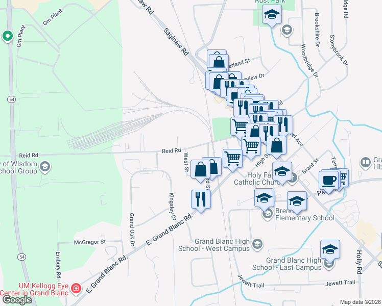 map of restaurants, bars, coffee shops, grocery stores, and more near 317 Church Street in Grand Blanc