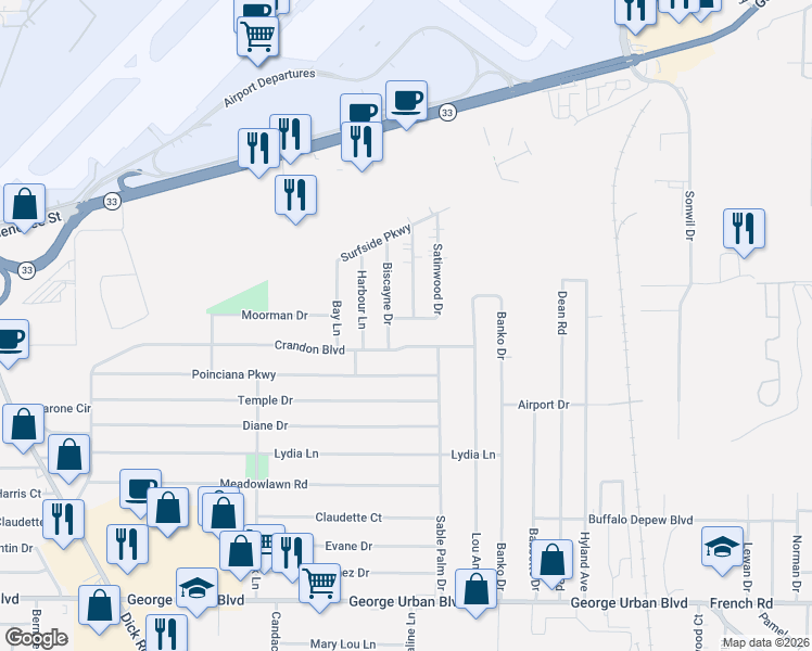 map of restaurants, bars, coffee shops, grocery stores, and more near 12 Satinwood Drive in Buffalo