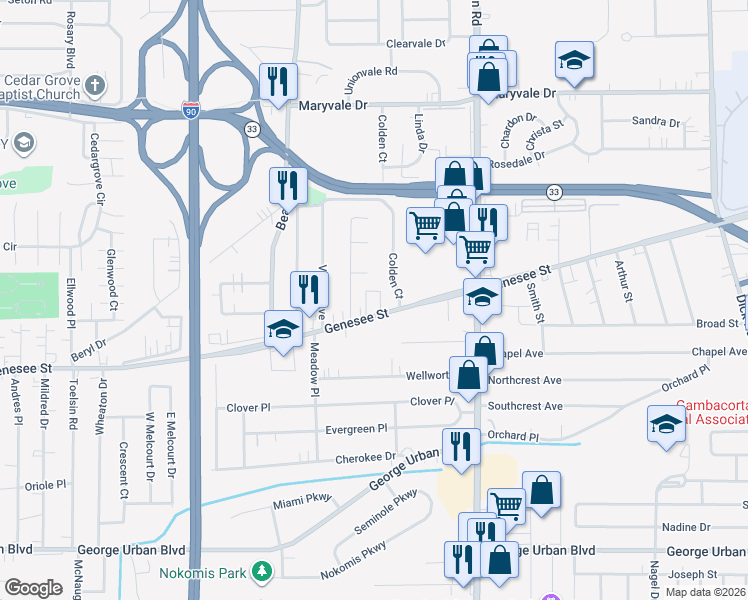 map of restaurants, bars, coffee shops, grocery stores, and more near 25 Donald Drive in Buffalo