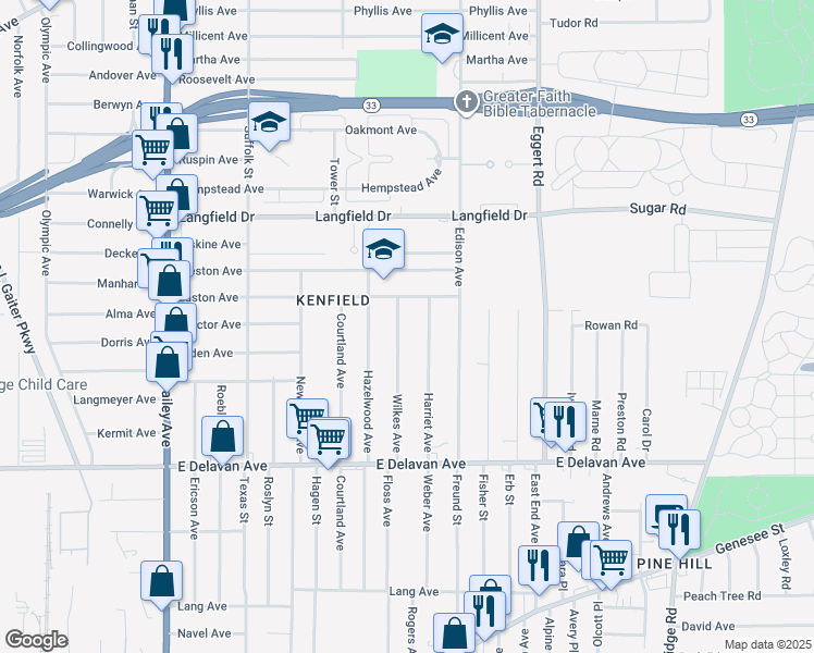 map of restaurants, bars, coffee shops, grocery stores, and more near 153 Wilkes Avenue in Buffalo