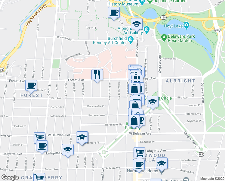 map of restaurants, bars, coffee shops, grocery stores, and more near 865 Richmond Avenue in Buffalo